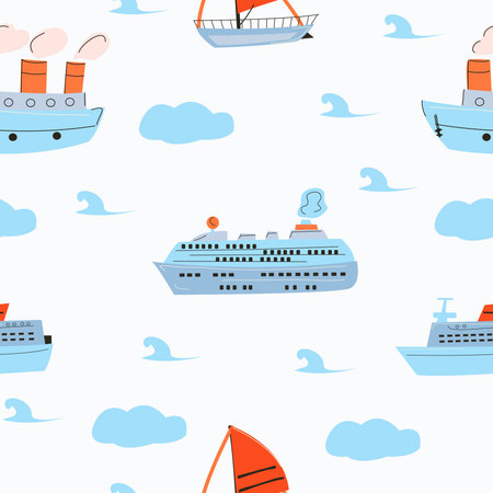Seamless pattern with sea ships and sailing ships and cruise liner with blue clouds and waves.のイラスト素材