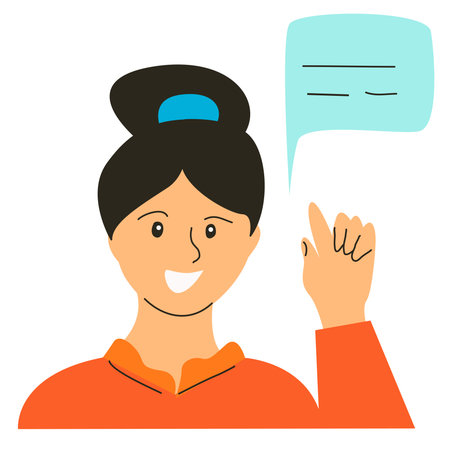 The girl gives advice and holds her hand up. Reminder or discussion of something.のイラスト素材