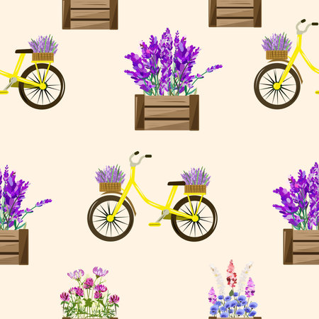 Seamless pattern with bicycles and lavender flowers.のイラスト素材