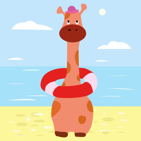 Giraffe in an inflatable circle on the beach. Illustration for children.のイラスト素材