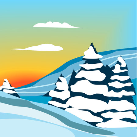 Winter landscape with Christmas trees and snow and sunset and clouds.のイラスト素材
