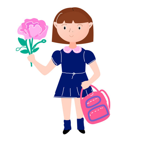 A schoolgirl girl with flowers and a satchel. A character on a white background.のイラスト素材