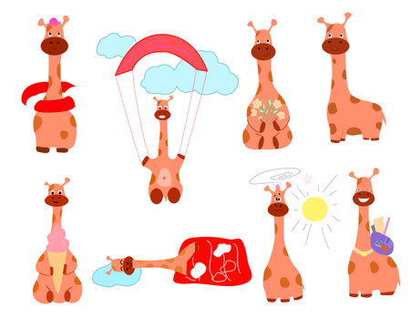A set of funny giraffes for children. With a parachute and with ice cream and with a backpack.のイラスト素材