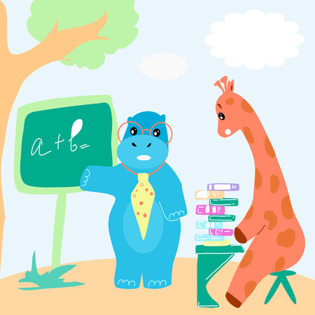 Hippo teaches giraffe math on the blackboard. A giraffe is sitting at a desk.のイラスト素材