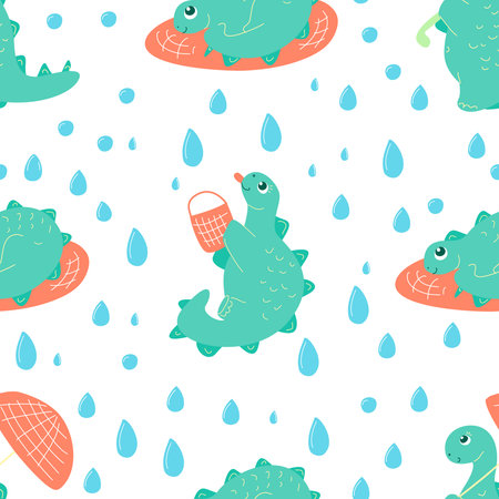 Seamless pattern with dinosaurs in the rain. With an umbrella and water drops and a bucket.のイラスト素材