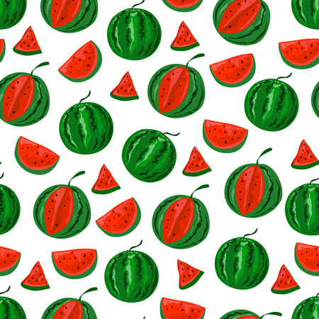 Seamless pattern with red and ripe watermelons. Whole and cut.
