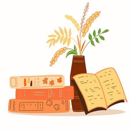 Books are closed and open, and a vase with autumn leaves and ears of corn ..のイラスト素材