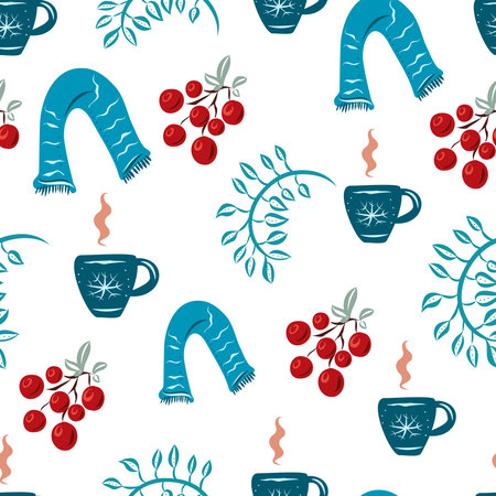 Seamless pattern with scarves and circles and leaves. And cups of tea.のイラスト素材