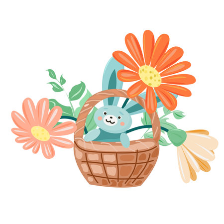 A bunny in a braided curtain with flowers. Illustration on the theme of Easter.のイラスト素材