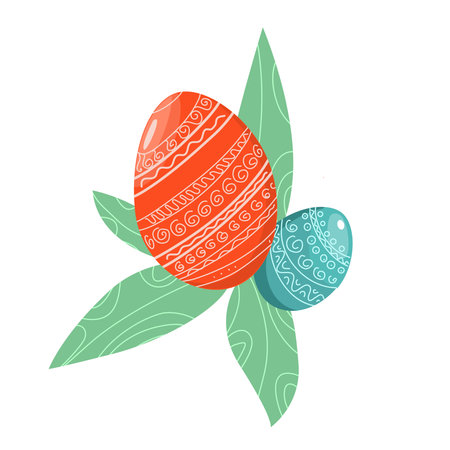 Easter eggs of red and blue color and leaves.のイラスト素材