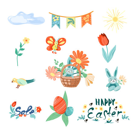 Easter set of design elements with rabbits and eggs and flowers.のイラスト素材
