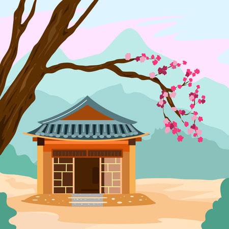 Hanok Korean house and sakura branch with flowers on the background of mountains. landscape.のイラスト素材