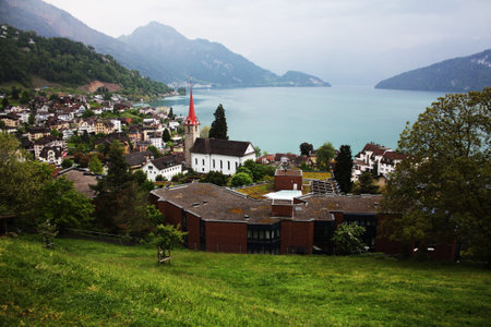 Lake in Alps in Switzerlandの写真素材