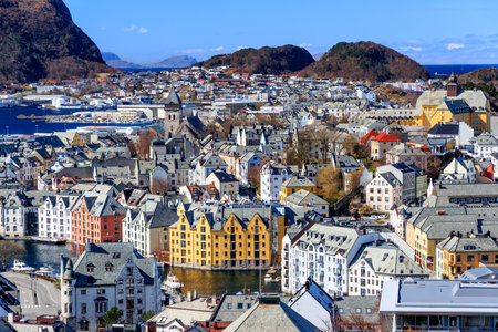 AALESUND, NORWAY - 2017 APRIL 27. City view over the beautiful Aalesund city with great architecture buildings.のeditorial素材
