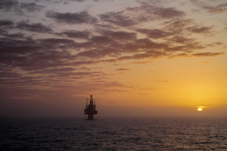 NORTH SEA, NORWAY - 2011 APRIL 09. Oil platform Ringhorn at sunset in the North Seaのeditorial素材