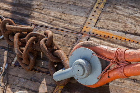 Fiber rope with timble and chaintail at end on board the anchor handler Siem Amethyst in the North Sea.の写真素材