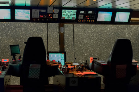 HORNSEA OFFSHORE WIND FARM, UK - 2016 JUNE 29. Bridge view from the Siem Ruby in heavy rain.のeditorial素材