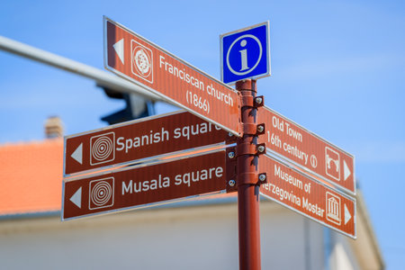 MOSTAR, BOSNIA HERZEGOVINA - 2017 AUGUST 16. Destinations signpost in the street of Mostar.のeditorial素材