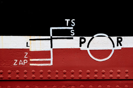 GDANSK, POLEN - 2017 AUGUST 27. Closeup of waterline marked on the ship.のeditorial素材