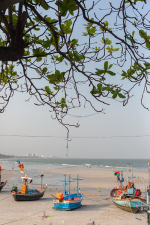 HUA HIN, THAILAND - 2015 February. Thai fishing vessels on the beach.のeditorial素材