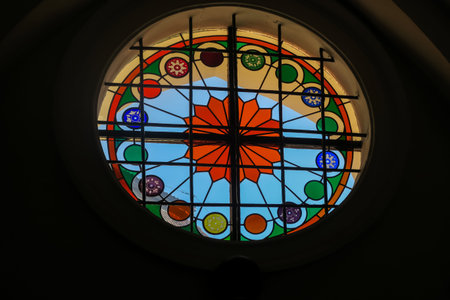 OLIWA, POLEN - 2016 SEPTEMBER 17. Beautiful colorful circle window with art View inside the...