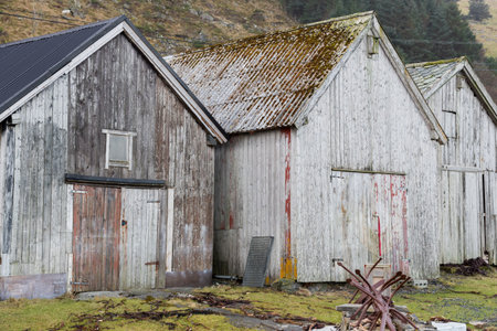 RUNDE, NORWAY - 2017 JANUARY 27. Old wooden and weathered boathouse.の写真素材