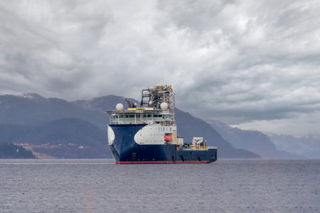 HAREID, NORWAY - 2020 MARCH 15. Island Constructor in the fjord of Norway.