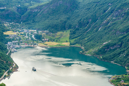 GEIRANGER, NORWAY - 2020 JUNE 23. Geiranger city and fjord taken from Eagle road.の写真素材