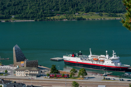 AANDALSNES, NORWAY - 2020 JUNE 24. Aandalsnes city view from above with train at the railway station.のeditorial素材