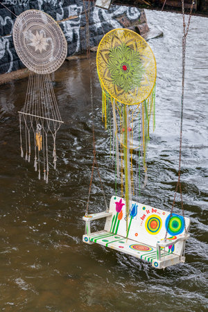 VILNIUS, LITHUANIA - 2020 MARCH 07. Hammock under the bridge of Vilnia river.のeditorial素材