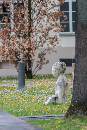 VILNIUS, LITHUANIA - 2020 MARCH 07.One sculpture on the grass in the spring.のeditorial素材