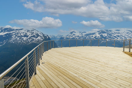 LOEN, NORWAY- 2020 JUNE 20. Loen skyelift resturant on the top of the mountain with view.のeditorial素材
