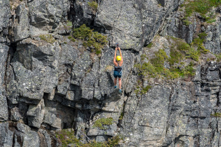 LOEN, NORWAY - 2020 JUNE 20. In flight hanging from a cable extreme sports in Norway.のeditorial素材