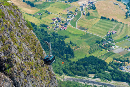 LOEN, NORWAY - 2020 JUNE 20. Skyelift seen from above.のeditorial素材