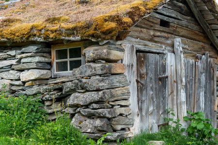 GEIRANGER, NORWAY - 2020 JUNE 21. Old stone cottage Homlongfarm in the mountain of Norway.のeditorial素材