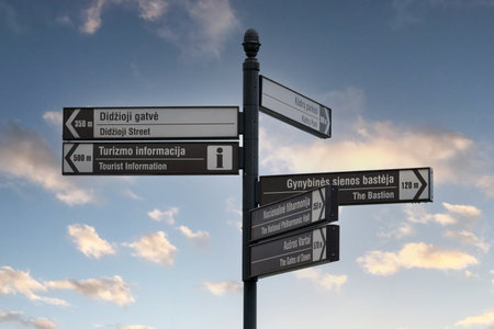 VILNIUS, LITHUANIA - 2020 MARCH 07. Street sign information for tourists.のeditorial素材