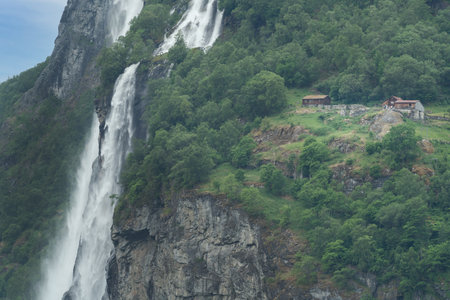 GEIRANGER, NORWAY - 2020 JUNE 21. The famous Seven Sisters waterfall in the Geiranger Fjordのeditorial素材