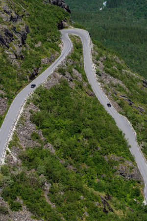 TROLLSTIGEN, NORWAY - 2020 JUNE 24. Beautiful nature and curved roads at Trollstigen in Norway.