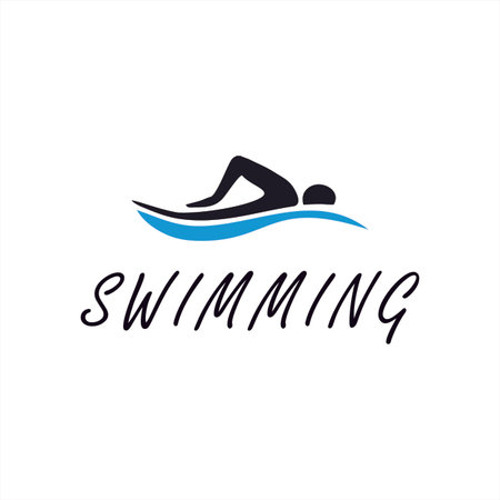 Blue swimming logo with abstract man silhouette.のイラスト素材