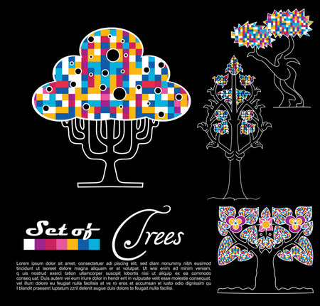 Set of abstract trees on black background   Vector のイラスト素材