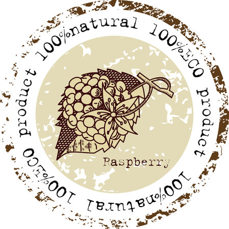 Grunge rubber stamp with rasberry shape and the word natural written inside the stampのイラスト素材