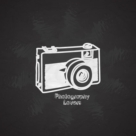 Silhouette flat vector icon with digital mini camera. Photography art. Megapixel photocamera. Cartoon style. Illustration, element for your design. Photographic lens. Simple. Monochrome. Creativityのイラスト素材