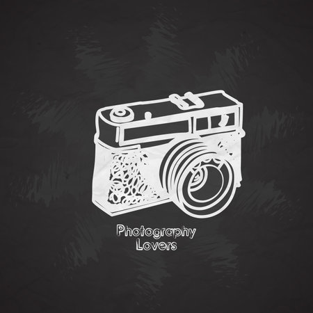 Silhouette flat vector icon with digital mini camera. Photography art. Megapixel photocamera. Cartoon style. Illustration, element for your design. Photographic lens. Simple. Monochrome. Creativityのイラスト素材