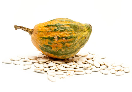 Pumpkin and seeds on a white backgroundの写真素材