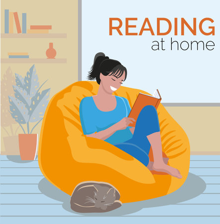 Girl reads a book sitting in a soft chair. Vector illustrationのイラスト素材