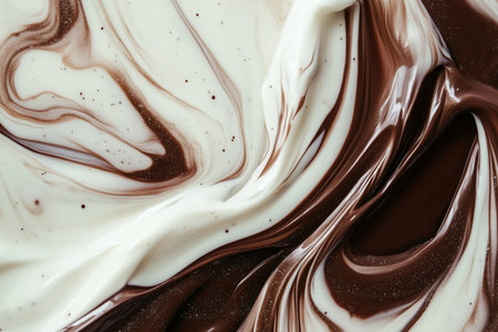 Close up of swirling liquid blending creamy white paint and dark brown. Fluid motion. Mocha mousse color, trend of 2025 yearの素材