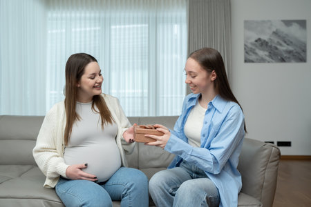 Smiling pregnant woman receiving a gift for baby from her female friend while sitting on a couch in a cozy home. Concept of maternity, celebration, friendship, anticipation, and emotional connection.の写真素材