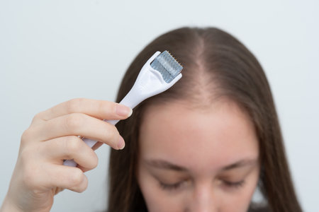 Close up view, young woman using microneedling derma roller on head for stimulating new hair growth with copy space. Alopecia treatment, scalp stimulation, hair loss and baldness targeted therapy.の写真素材