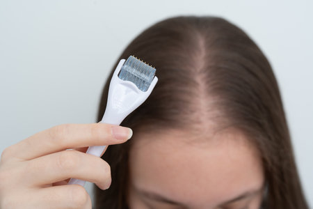 Close up young woman using microneedling derma roller on scalp for stimulating new hair growth, focus on derma roller. Alopecia treatment, scalp stimulation, hair loss and baldness targeted therapy.の写真素材