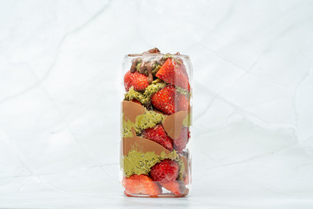 Dubai chocolate strawberry cup with kataifi, pistachio paste, milk chocolate and fresh strawberries. Street food desserts and sweets. Copy space for text.の写真素材